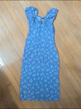 Blue Linen Blend Floral Sleeveless Midi Dress